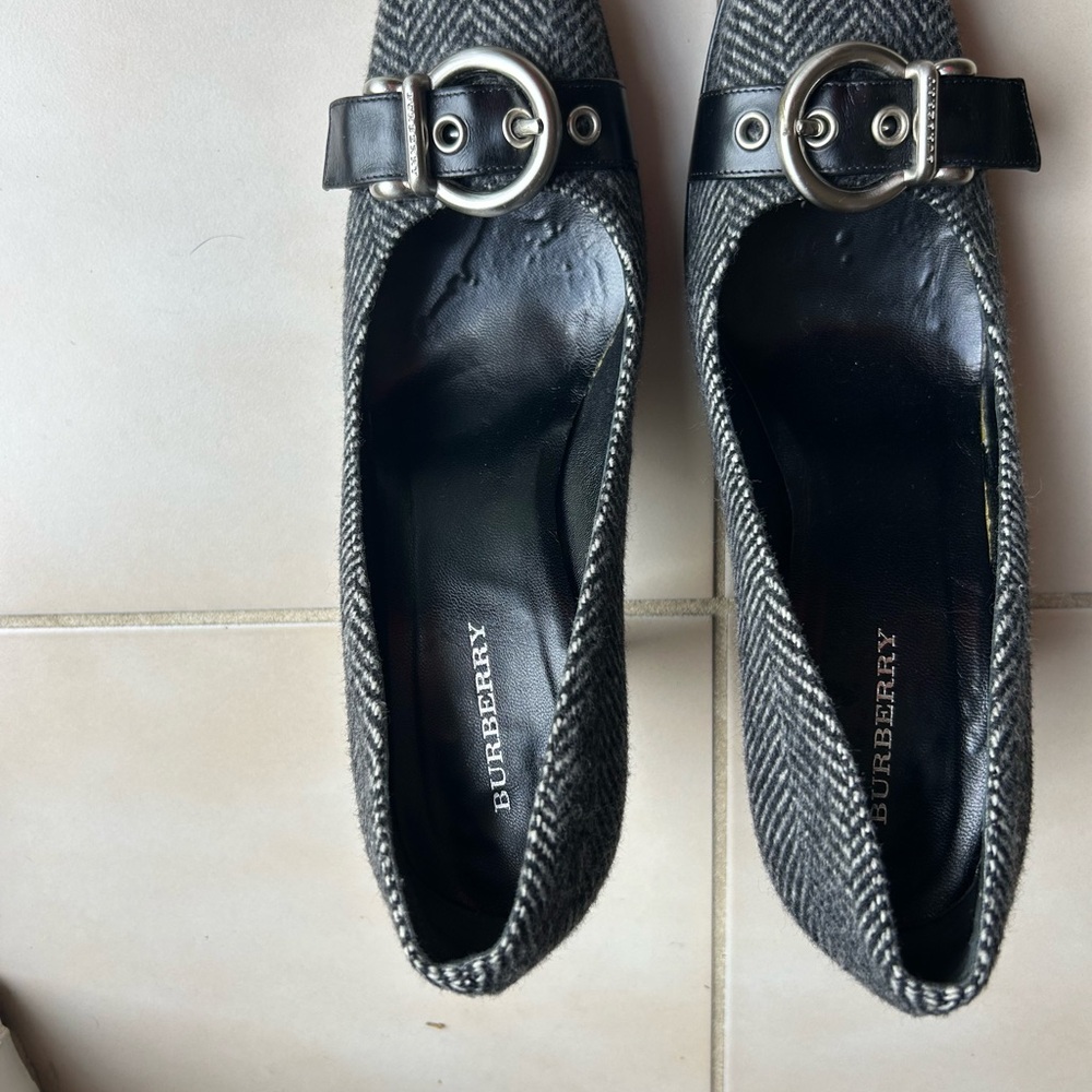 Burberry Black and Gray Tweed Heels with Silver Buckle